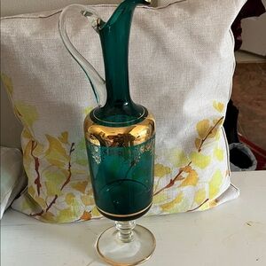 Emerald Green Glass Ewer with Gold Trim - Home Accents